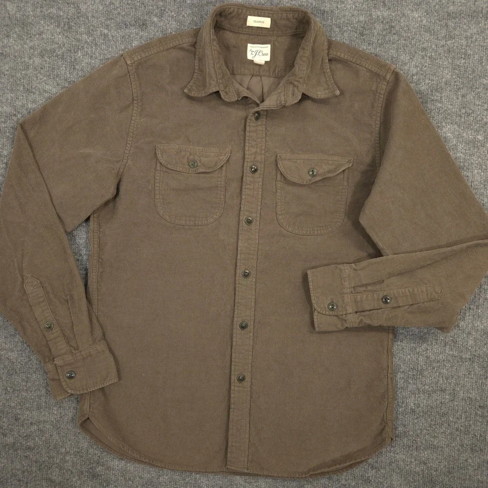 J Crew Corduroy Work Shirt‎ Mens Small Fatigue Brown Garment Dyed Classic Fit